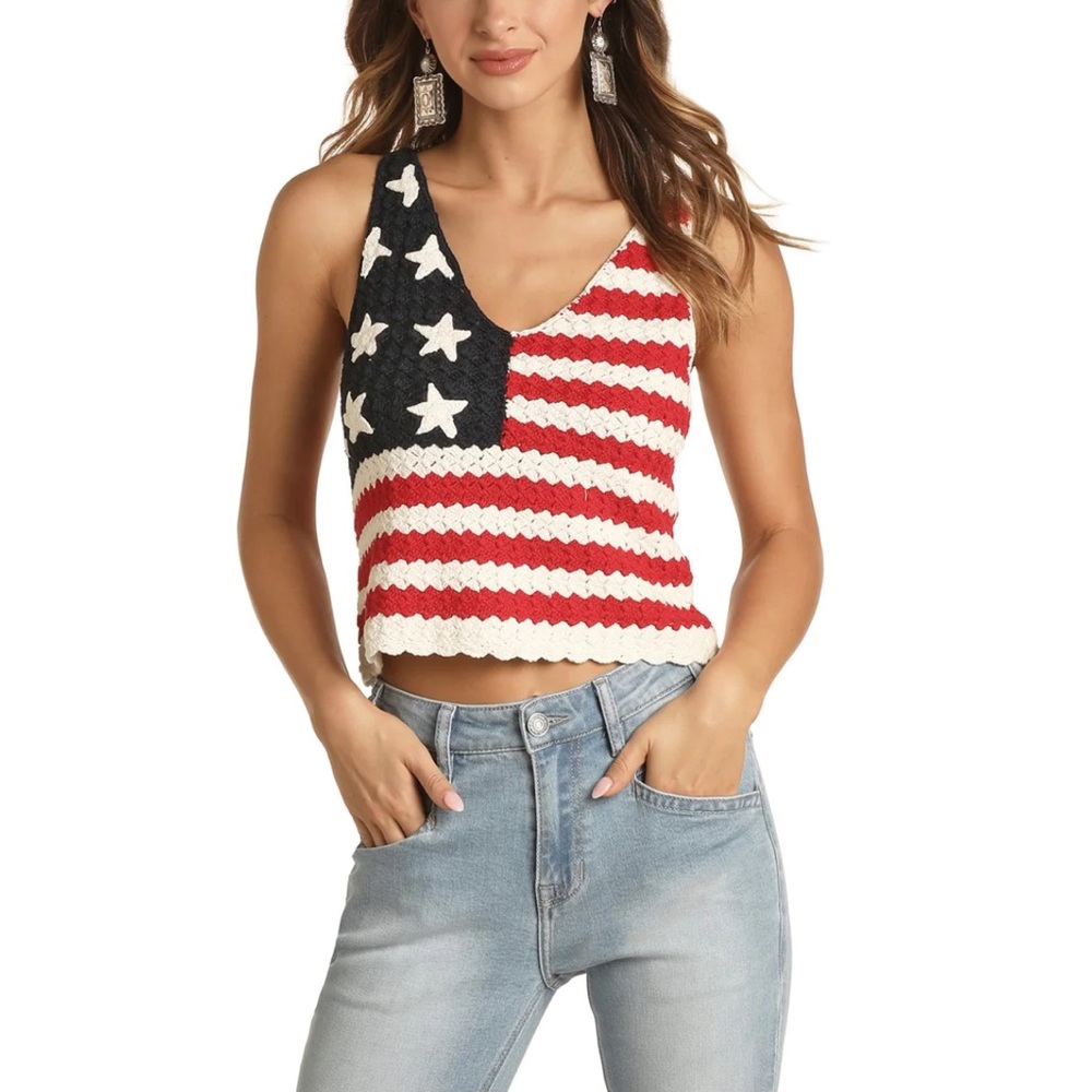 moon & madison Crocheted Flag Crop Tank in Red, White & Blue